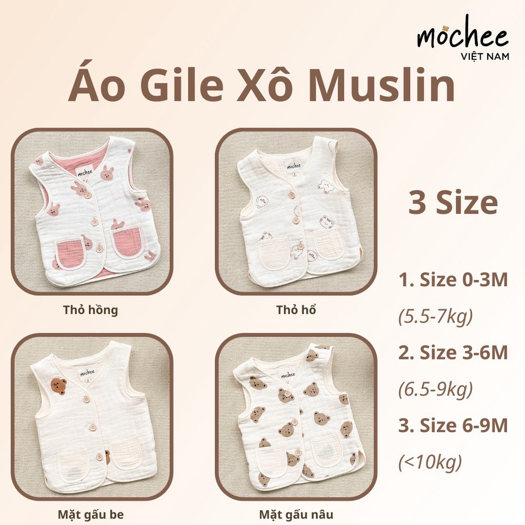 MOCHEE Áo gile xô muslin cao cấp Áo ghile cho bé từ sơ sinh tới 11kg