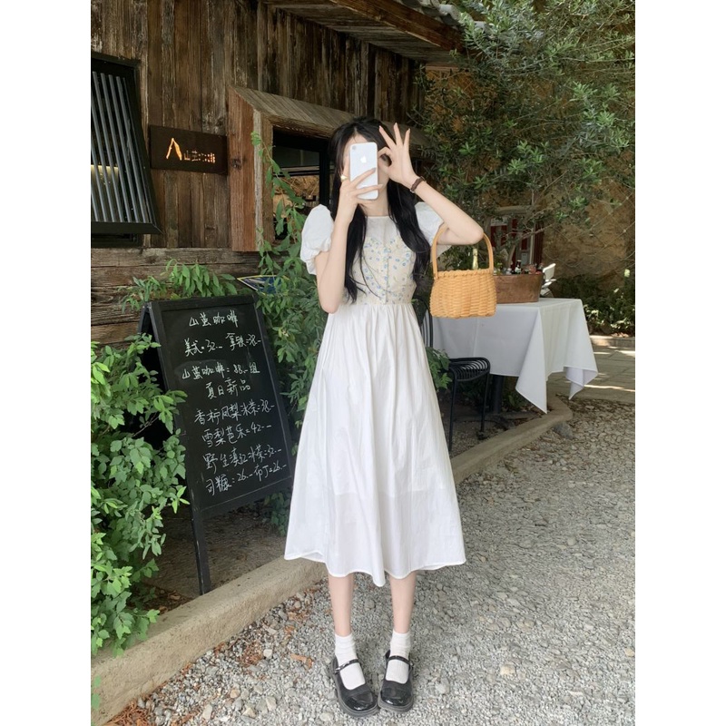 Váy dài thời trang retro hoa giả hai chiếc váy dài eo người phụ nữ