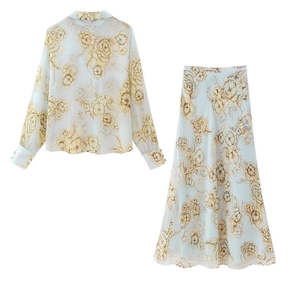 Qunz fashion áo sơ mi dài tay in hoa + váy nửa dài 3880