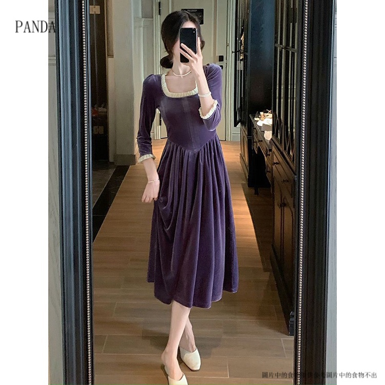 PANDA7.30Đầm Nữ Dài Tay Chất Nhung Màu Tím Phong Cách Retro váy nữ chân váy