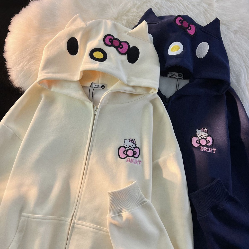 Áo Khoác Hoodie Có Khóa Kéo Thêu Hình Mèo kitty Dễ Thương