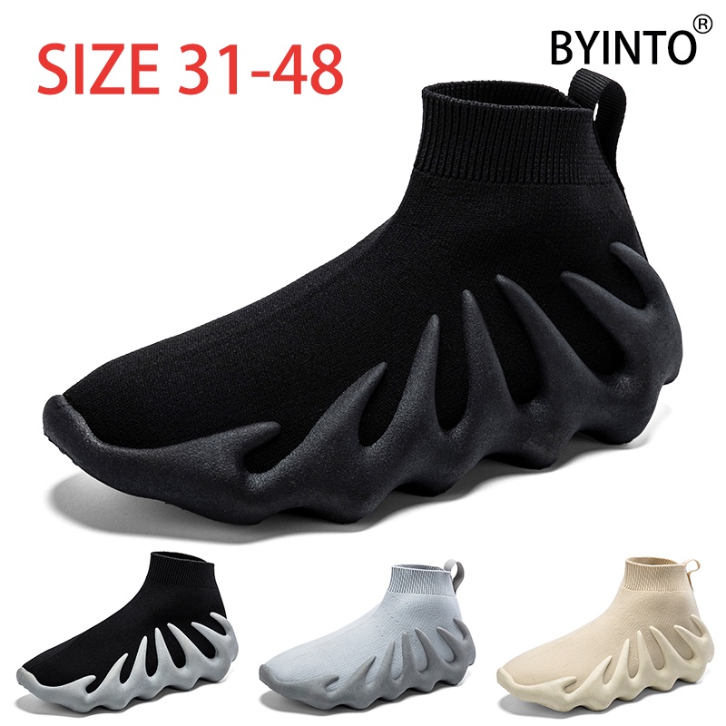 Big size 31-48 high top nam giày chạy bộ siêu nhẹ lưới thoáng khí phụ nữ thể thao giày thể thao đệm mềm chống sốc đáy slip-on đi bộ vớ chạy bộ giày dép đen trắng xám kaki