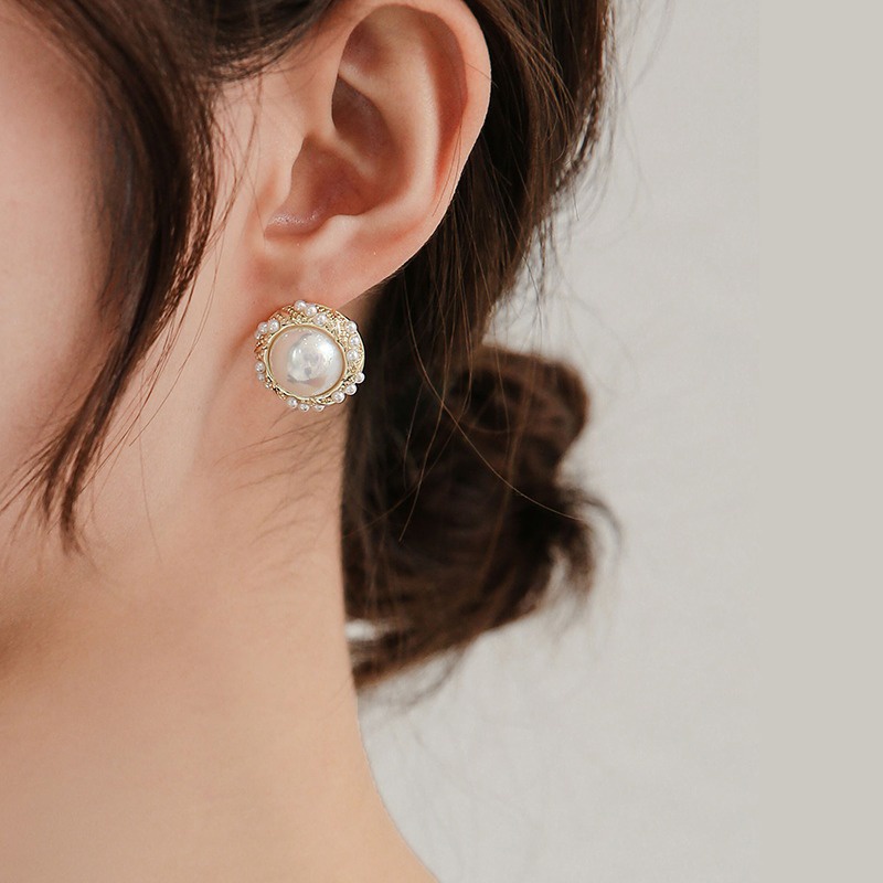 Khuyên Tai Tròn Đính Ngọc Trai Phong Cách Hong Kong Thời Trang Cao Cấp