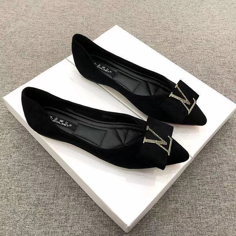 ZTAIXIELUA Giày đơn mũi nhọn nông dành cho nữ giày da lộn thời trang đế bằng màu đen