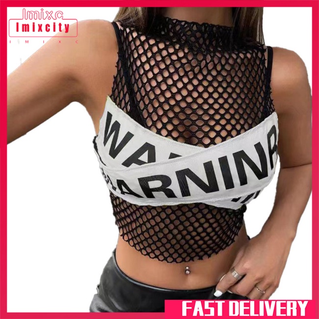 Áo lưới croptop IMIXCITY không tay in màu tương phản nhìn thấy phối rỗng phong cách sexy cho nữ