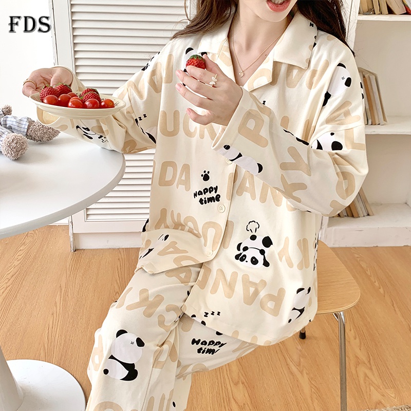 Fds apricot panda pyjamas của phụ nữ mùa thu và mùa đông mới dễ thương thời trang hàn quốc dài tay quần dài thoải mái mềm mại bộ đồ mặc nhà