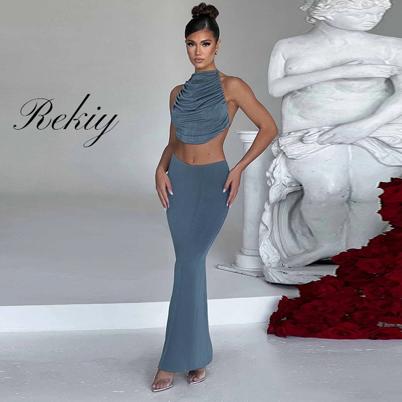 Rekiy women individual sets 2023 new tendency shrinking pleated backless navel short top + slim-fitting hip-wrapped skirt set