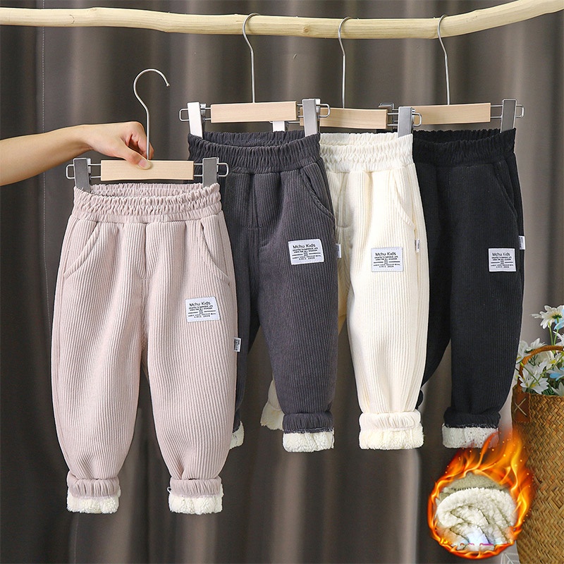 Momchoose thời trang hàn quốc trẻ em châu âu nhung cotton cộng với quần nhung mùa thu và mùa đông dày dặn ấm áp mặc bên ngoài quần bé trai và bé gái có thể mặc
