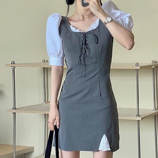 Váy nữ giả hai mảnh bong bóng ngắn tay dây đeo ngực mỏng phù hợp với mùa hè phiên bản hàn quốc váy