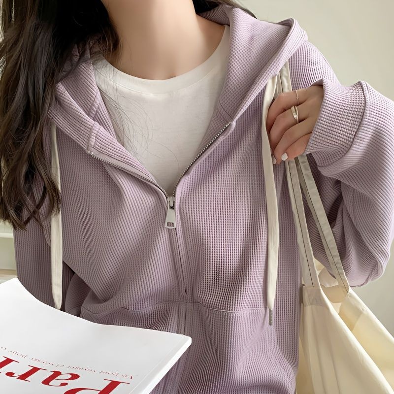 Áo len nữ sinh 2023 mùa thu / đông mới áo khoác mỏng dài tay có mũ trùm đầu nữ