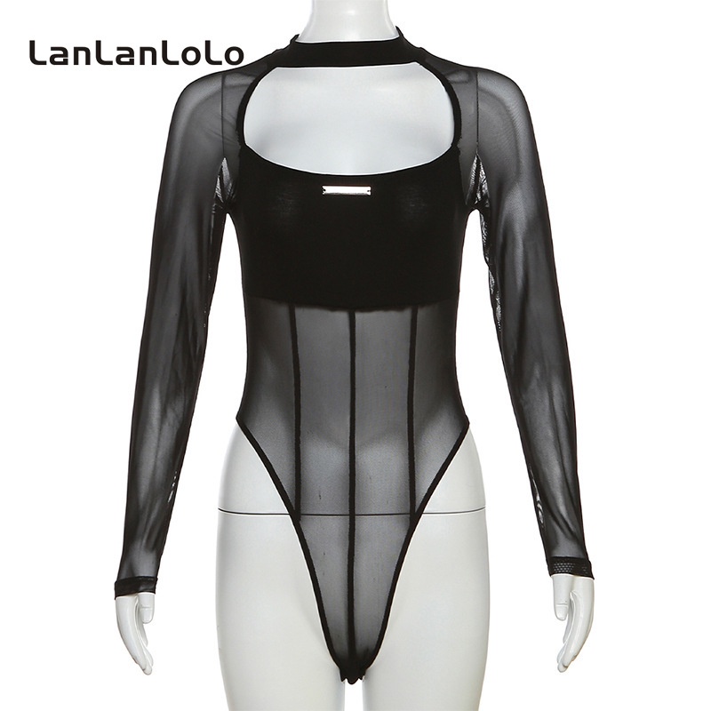 Lanlanlolo women 2023 màu rắn thời trang cổ tròn dài tay áo lưới xương nhìn xuyên thấu bộ đồ bodysuit mỏng gợi cảm | BigBuy360 - bigbuy360.vn