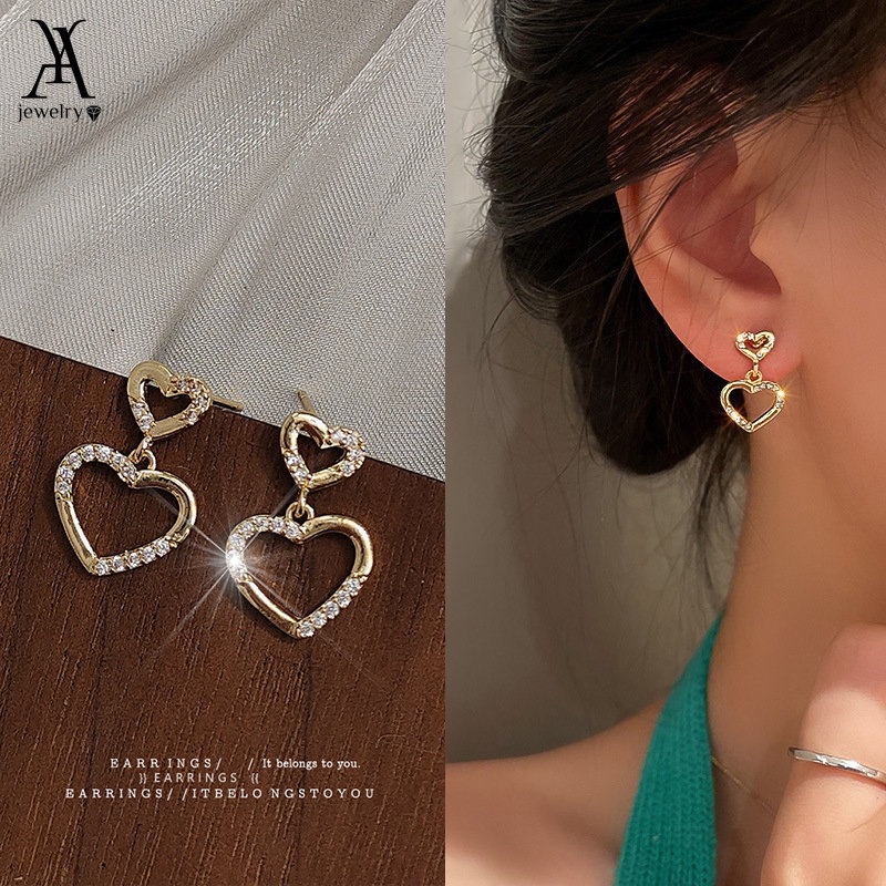 Khuyên tai AY kiểu trái tim đính đá pha lê phong cách Hàn Quốc