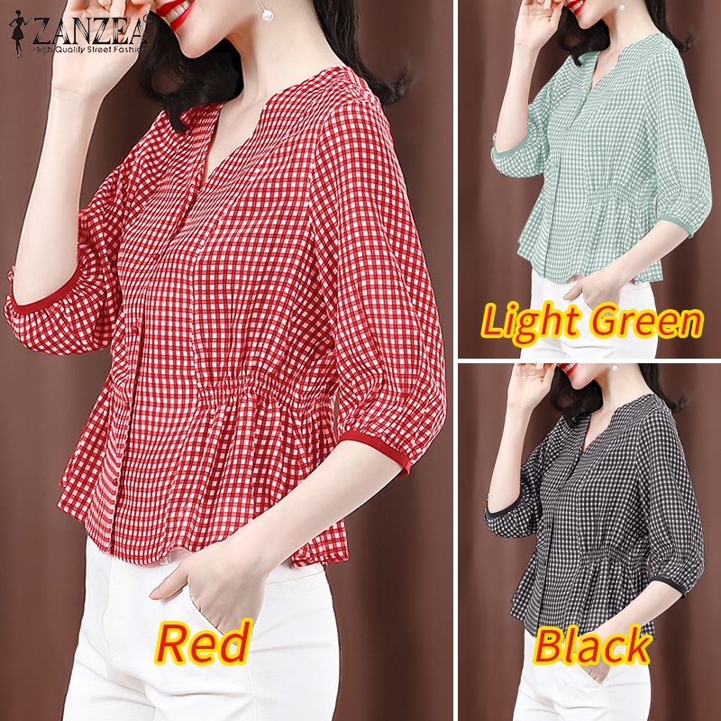 Áo sơ mi ZANZEA tay lửng cổ chữ V họa tiết ca rô thời trang dành cho nữ