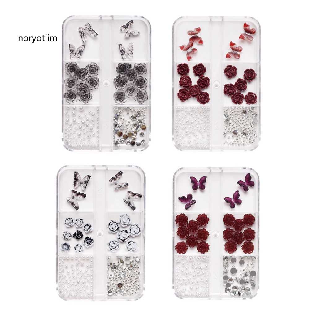 1 Hộp Phụ Kiện Trang Trí Móng Tay Hình Bướm Và Hoa Hồng 3D Bằng Nhựa Resin