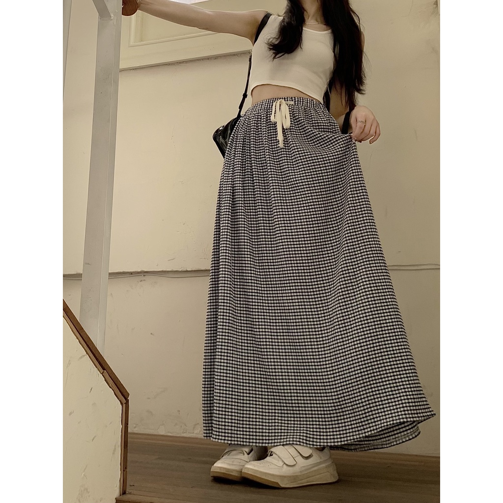 Chân Váy Dài Dáng Chữ A Lưng Cao Họa Tiết Sọc Caro Phong Cách Vintage Hàn Quốc