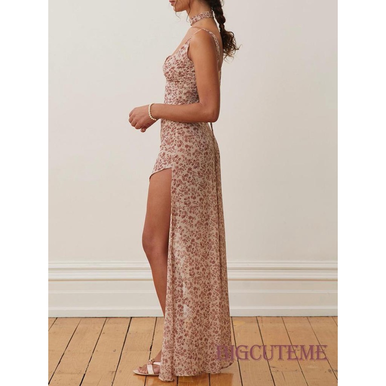 Đầm Dài Không Tay Hở Lưng Họa Tiết Hoa Thời Trang Mùa Hè Cho Nữ