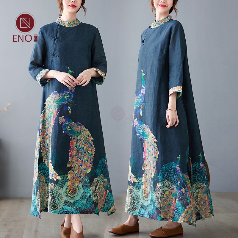 Đầm Cotton Lanh Thêu Hình Chim Công Phong Cách Retro