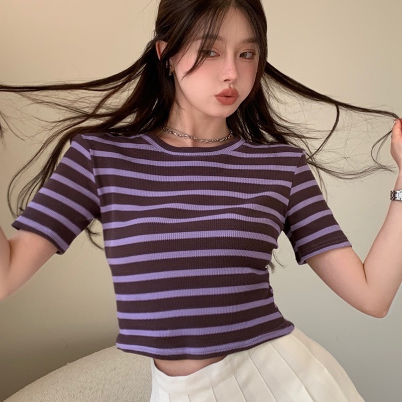 IELGY  Áo sweater Dáng Ôm Họa Tiết Kẻ Sọc Phong Cách Hàn Quốc Thời Trang Cho Nữ