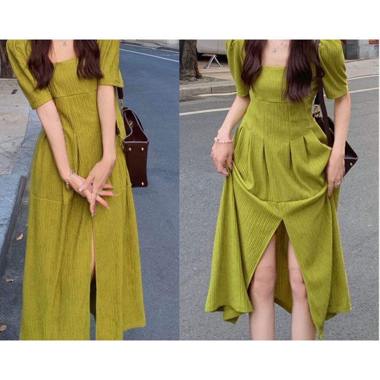 Đầm Midi Cổ Vuông Xẻ Tà Màu Trà Xanh Phong Cách Pháp Thời Trang Mùa Hè Tinh Tế Cho Nữ