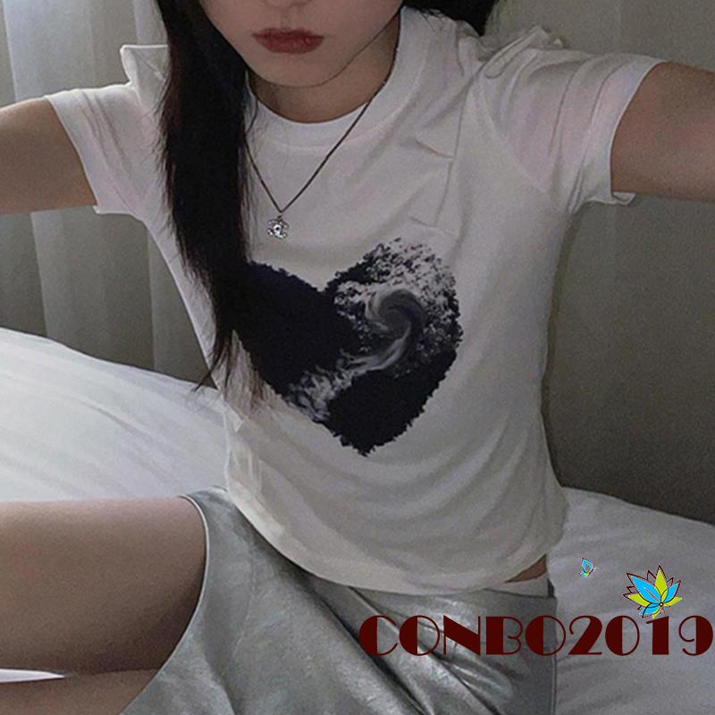 Áo Thun Crop Top Tay Ngắn Cổ Tròn In Họa Tiết Trái Tim Phong Cách Đường Phố Thời Trang Xuân Hè Cho Nữ Size S-M-L