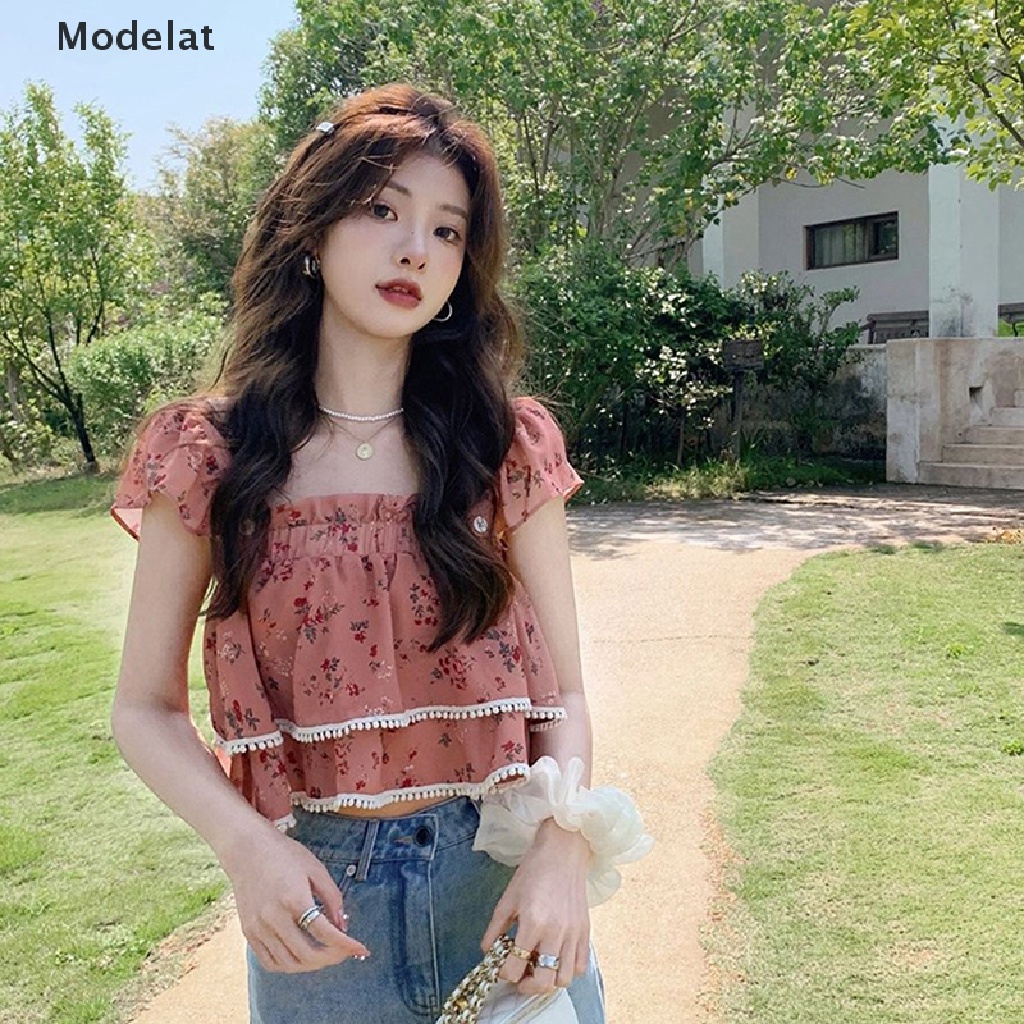 Áo Croptop Cổ Vuông Tay Cánh Bướm In Họa Tiết Hoa Thời Trang Mùa Hè Xinh Xắn Cho Nữ