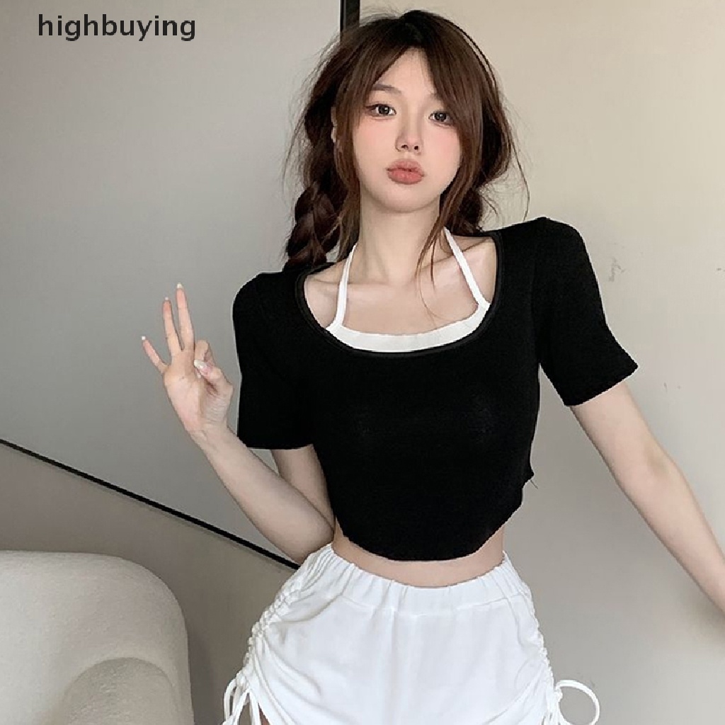 Áo Thun Lửng Ngắn Tay Cổ Vuông Phong Cách Quyến Rũ Dành Cho Nữ