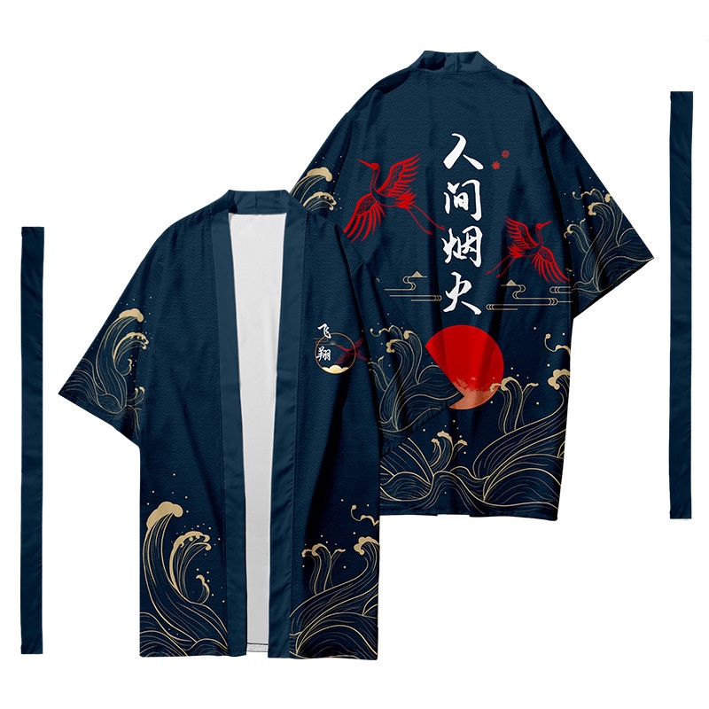 Áo Khoác Kimono Dáng Dài In Họa Tiết Pháo Hoa Samurai Nhật Bản Cho Nam