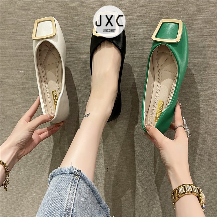 JINxCHOY Giày da mềm gót thấp mũi vuông màu trơn đơn giản thoải mái thời thượng