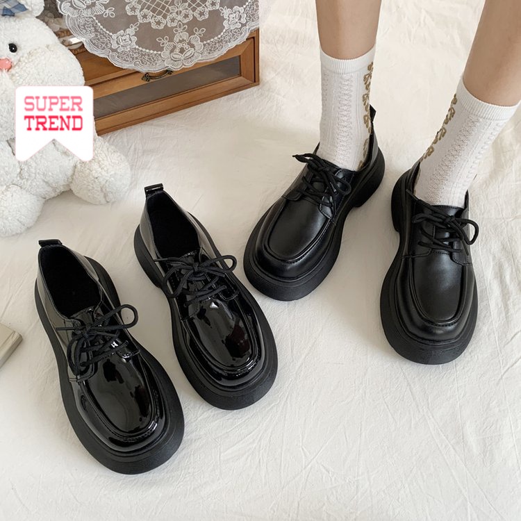 Giày Da Mũi Tròn Cột Dây Màu Trơn Đơn Giản Thoải Mái Hợp Thời Trang