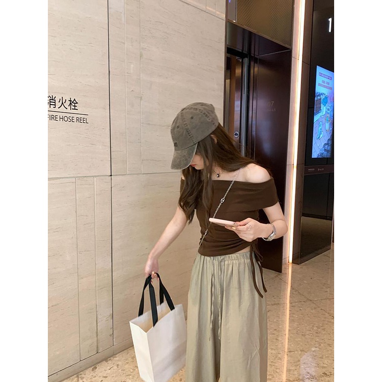 COZOKC Áo Thun Tay Ngắn Trễ Vai Thiết Kế Dây Rút Xếp Ly Xinh Xắn