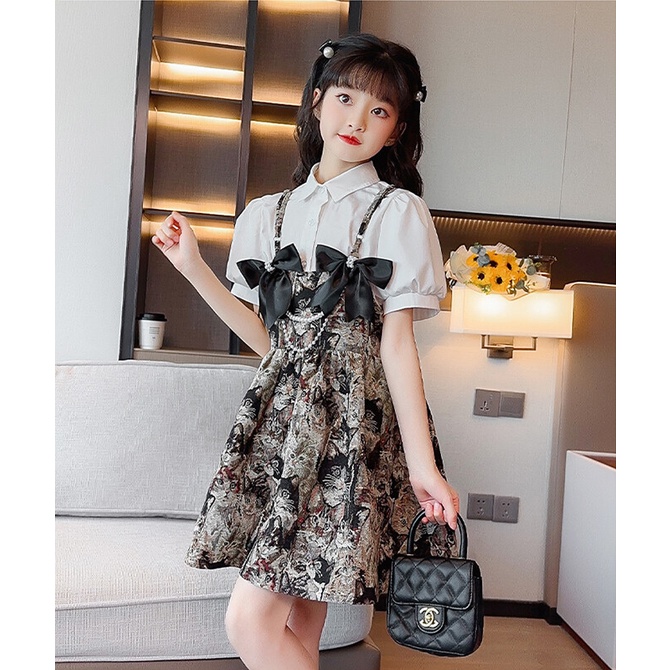 Bộ Áo Sơ Mi Phối Chân Váy Yếm Kiểu Hàn Quốc Thời Trang Mùa Hè Cho Bé Gái