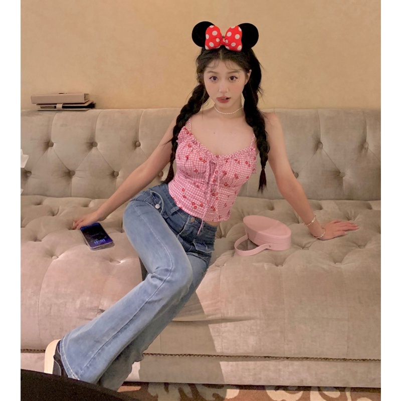 Áo Hai Dây Mỏng Cột Dây In Họa Tiết Kẻ Sọc Thời Trang Cho Nữ