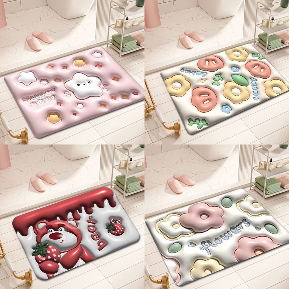 Thảm Chùi Chân 3D 40 * 60cm Chống Trượt Nhanh Khô Họa Tiết Hoa / Dâu Tây / Gấu Dễ Thương