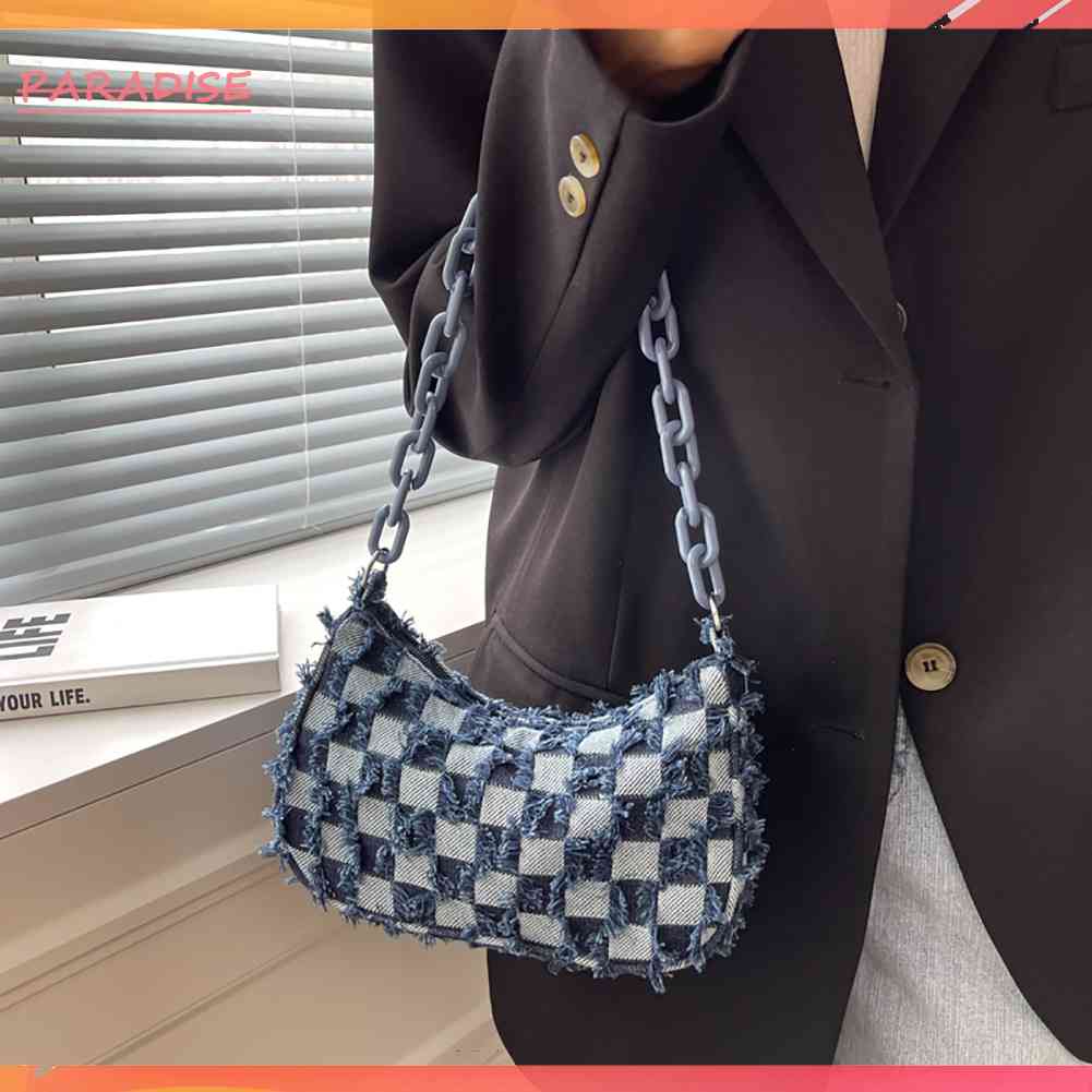 Túi Xách Nữ Denim Dây Xích Acrylic Màu Xanh Dương Mới