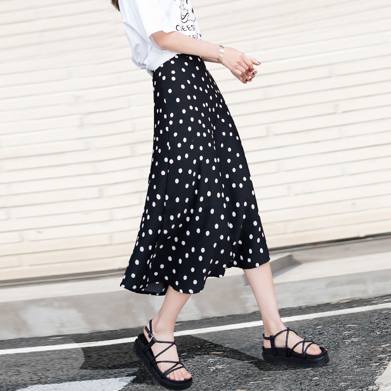 Chân Váy chiffon Chữ a Lưng Cao Dáng Dài Phối Khóa Kéo Họa Tiết Chấm Bi Màu Đen Tương Phản