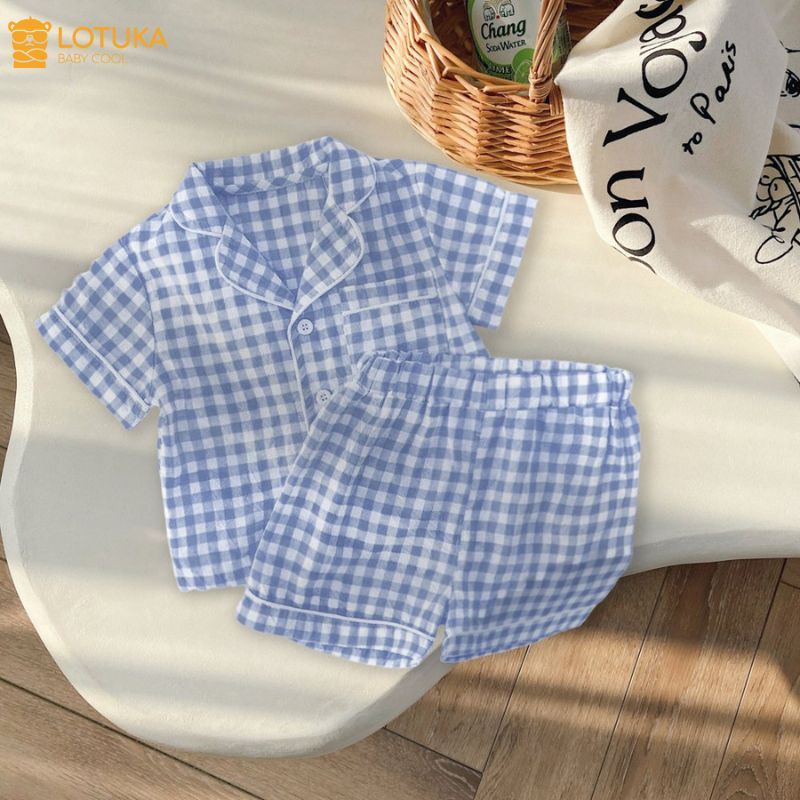 Đồ Bộ Pijama Cho Bé Trai, Bé Gái LOTUKA, Mẫu Quần Áo Trẻ Em Chất Thô Hàn Cao Cấp Họa Tiết Kẻ Caro Xinh Xắn Size 4-18kg