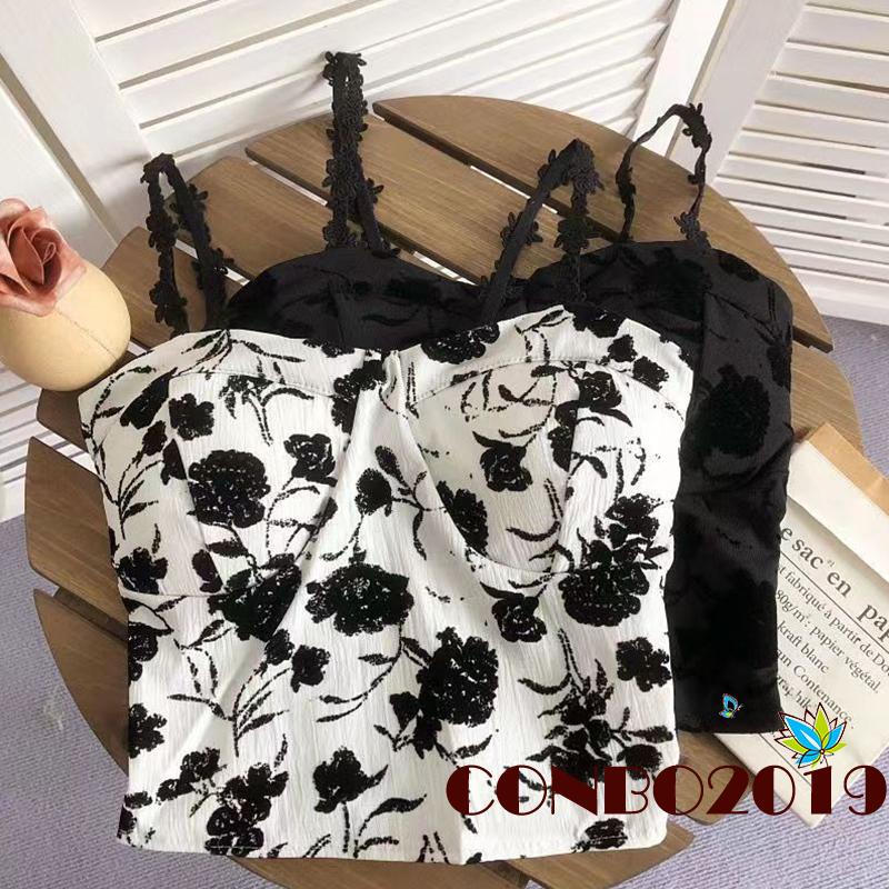 Áo Crop Top Không Tay In Hoa Có Đệm Ngực Dành Cho Nữ