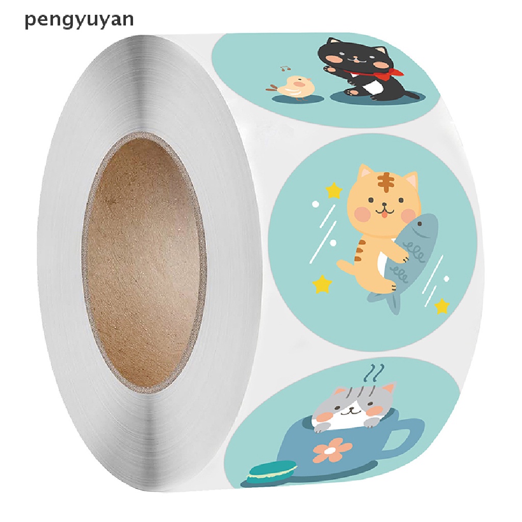 Bộ 500 Miếng Dán Tròn Họa Tiết Mèo Hoạt Hình Dễ Thương Dùng Trang Trí