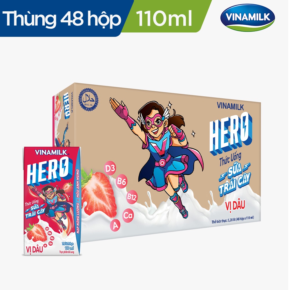 2 Thùng Thức uống Sữa trái cây Hero Vị Dâu 110ml - 48 hộp/Thùng
