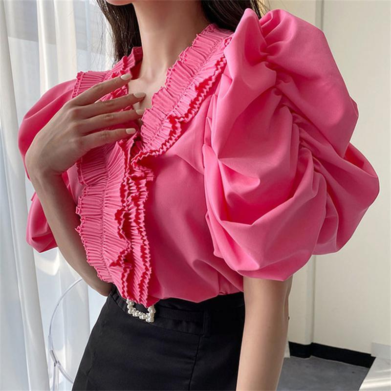 Áo Kiểu Tay Phồng Cổ Chữ V Lưng Cao Thời Trang Vintage Cho Nữ