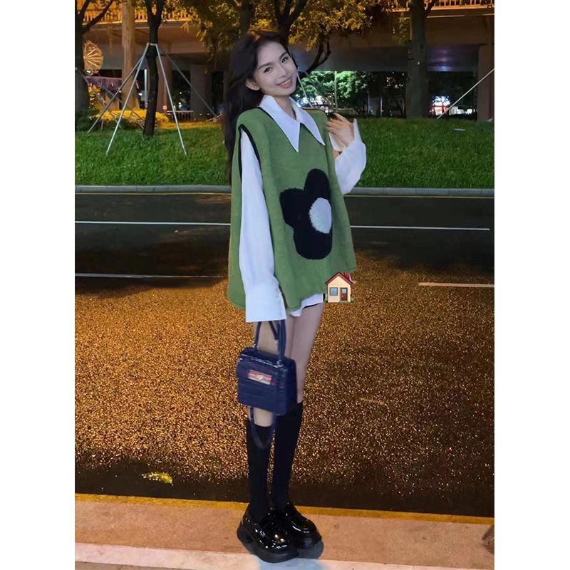 Áo Dệt Kim Sát Nách Dáng Rộng In Hoa Màu Sắc Tương Phản Kiểu Hàn Quốc Dễ Thương Cho Nữ