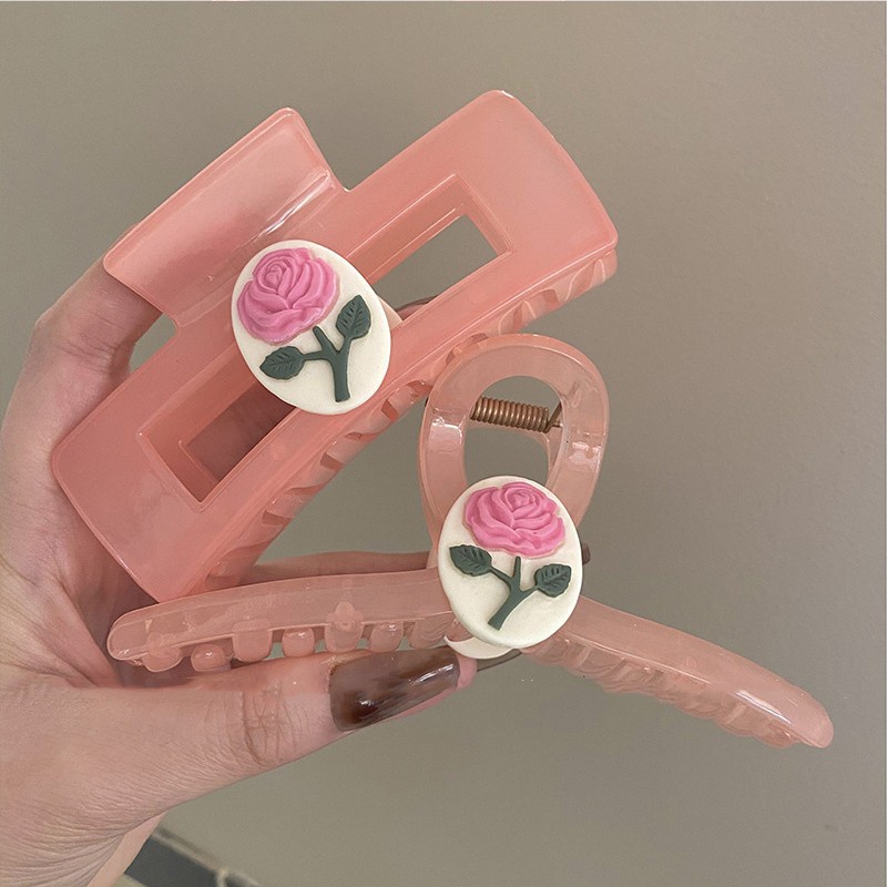 Kẹp Tóc Càng Cua Hình Vuông Lớn Bằng Acrylic In Họa Tiết Hoa Hồng Dễ Thương Cho Nữ