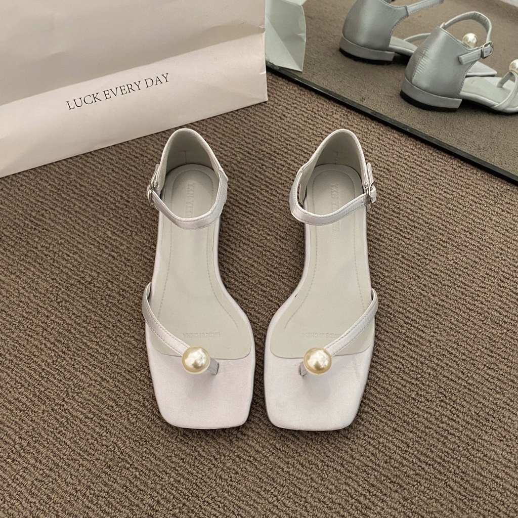 Giày Sandal Gót Dày Mũi Vuông Quai Đính Ngọc Trai Đơn Giản Dễ Phối Đồ Thời Trang Mùa Hè Cho Nữ Crush157