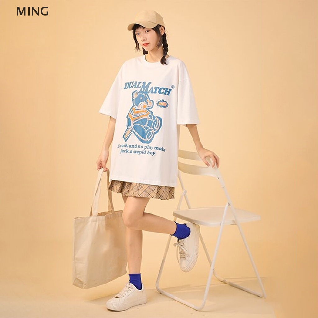 Áo Thun Tay Ngắn Cổ Tròn Dáng Rộng In Hình Gấu Kiểu Retro Mỹ Xinh Xắn Cho Nữ