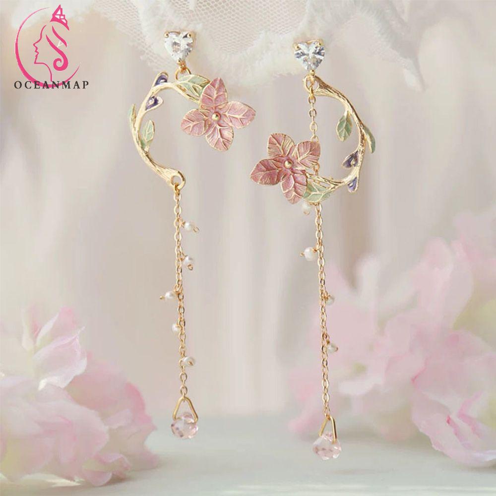 Cặp Bông Tai Thời Trang Hợp Kim Dáng Dài Phối Hoa Và Ngọc Trai Đầy Độc Đáo