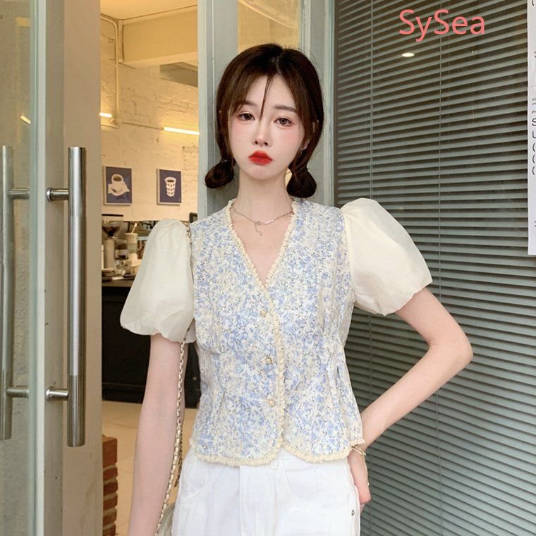 Áo Kiểu Tay Phồng Cổ Chữ V Phối Ren Hoa Phong Cách Retro Pháp