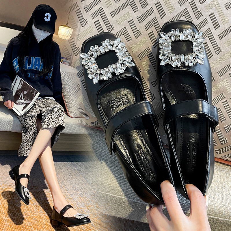 Giày Búp Bê Da Mũi Vuông Đính Đá Xinh Xắn Dành Cho Nữ