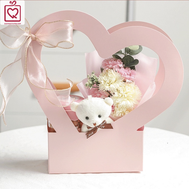 Giỏ cắm hoa quai xách hình trái tim H25 tặng người yêu, hộp đựng hoa bạn gái - túi quà tặng độc đáo