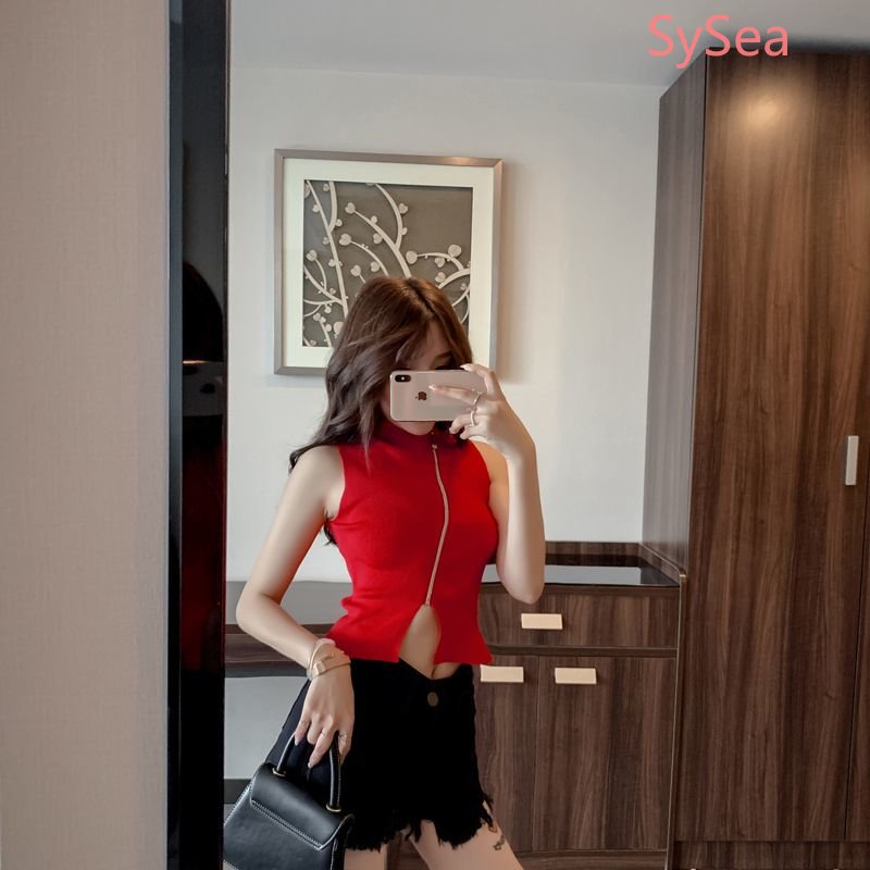 Áo Dệt Kim Sát Nách Phối Khóa Kéo Phong Cách Hàn Quốc Cho Nữ