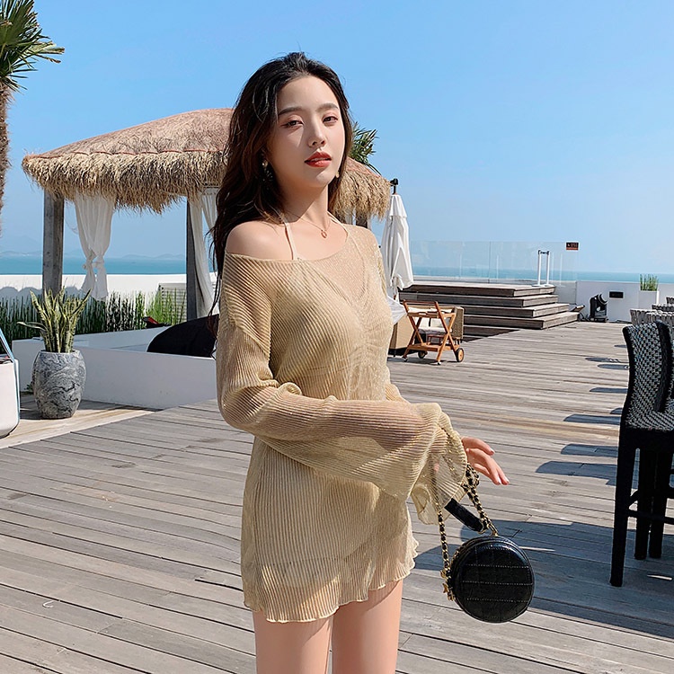 Bộ Đồ Bơi Ba Mảnh Màu Trơn + Áo Khoác Ngoài Chống Nắng Thời Trang Cho Nữ